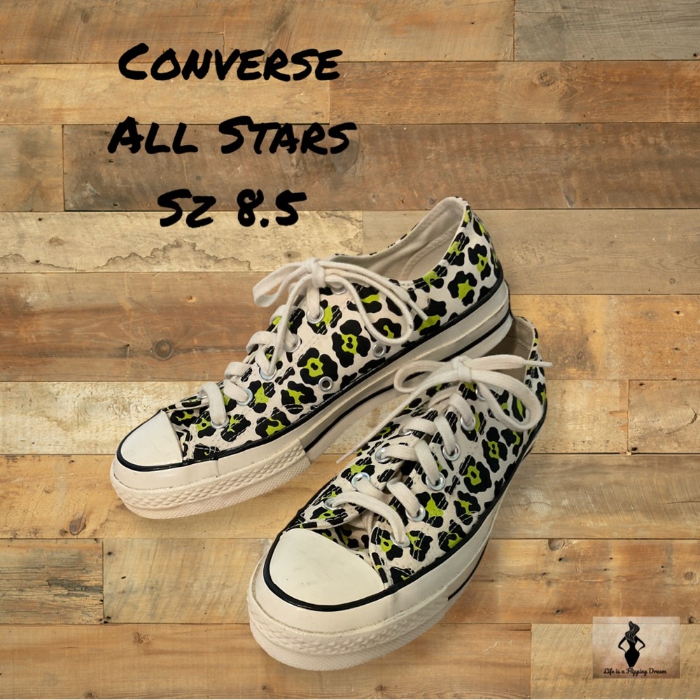 Converse White and Neon Green Leopard Print Sneakers Sz 8.5 #1464